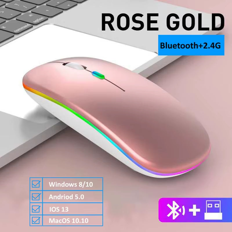 LED Wireless Mouse USB Rechargeable Bluetooth-Compatible RGB Mouse Silent Ergonomic Mouse with Backlight for Laptop PC Ipad